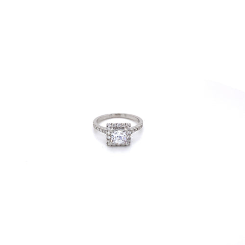 Synthetic Princess Cut Stone Ring with .45ct Diamond Halo & Shoulders in 18ct White Gold