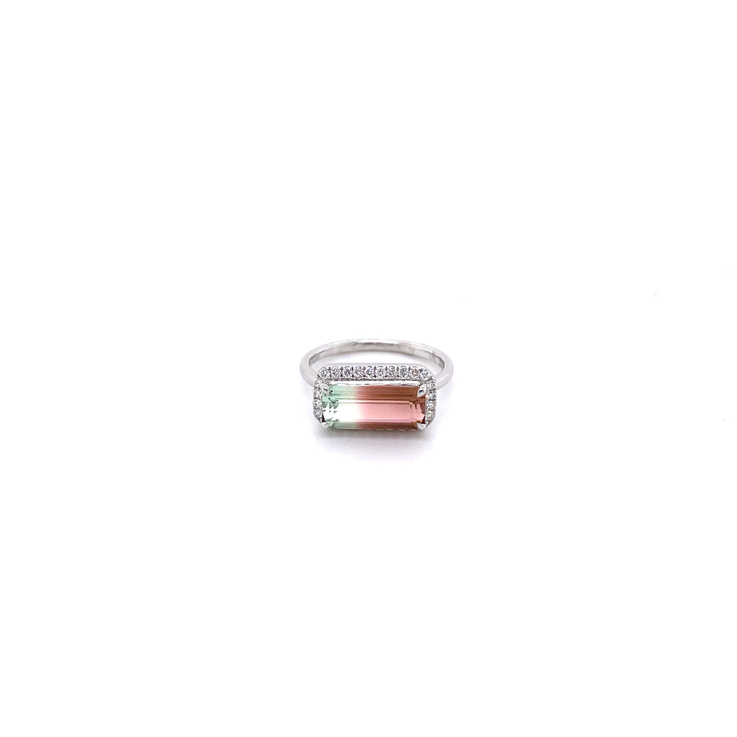Watermelon Tourmaline Ring with Diamond Halo in 18ct White Gold