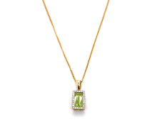 Yellow Gold Emerald Cut Peridot & Diamond Halo Pendant & Chain