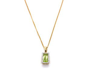 Yellow Gold Emerald Cut Peridot & Diamond Halo Pendant & Chain
